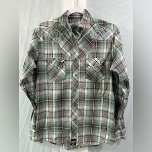 Rock 47 By Wrangler Pearl Snap Western Shirt Teal & Pink Metallic Plaid Sz S EUC
